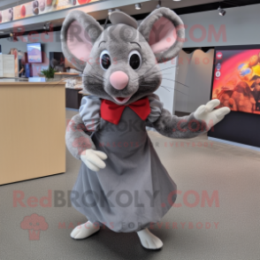 Gray Rat mascot costume character dressed with a Pleated Skirt and Gloves
