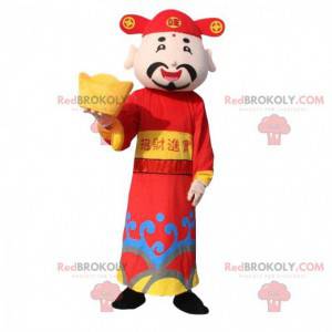 Aziatische man mascotte, god van de rijkdom, Aziatisch kostuum