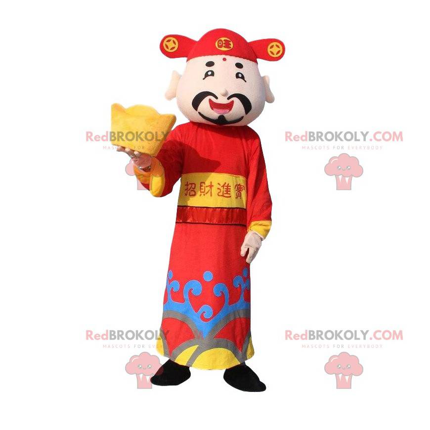 Asiatisk mand maskot, rigdomens gud, asiatisk kostume -