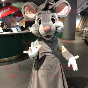 Gray Rat mascot costume character dressed with a Pleated Skirt and Gloves