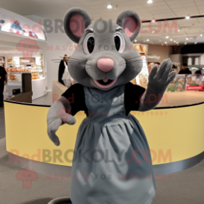 Gray Rat mascot costume character dressed with a Pleated Skirt and Gloves
