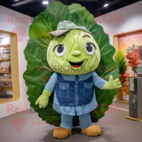 Tan Cabbage Leaf mascot costume character dressed with a Denim Shorts and Coin purses