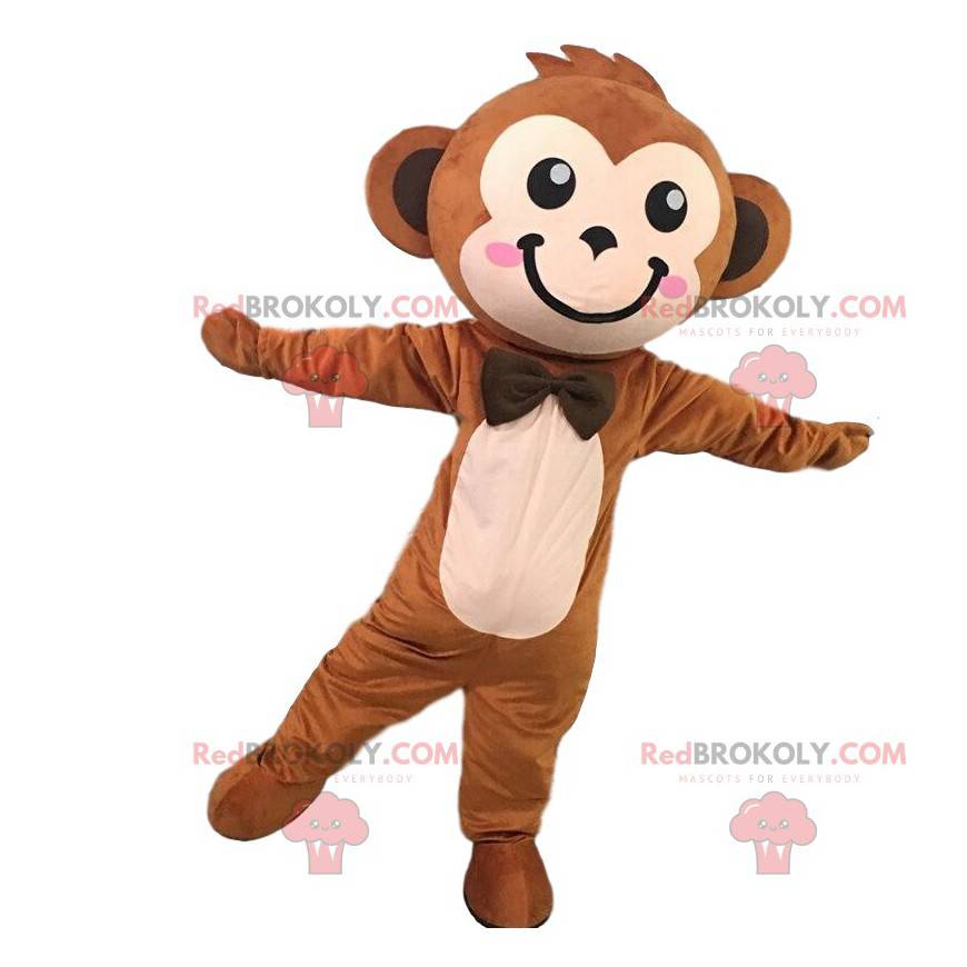 Mascotte scimmia marrone carino ed elegante, costume da scimmia