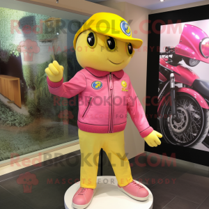 Lemon Yellow Pink mascot costume character dressed with a Moto Jacket and Hat pins
