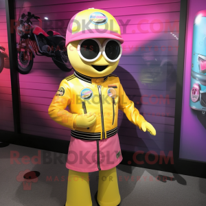 Lemon Yellow Pink mascot costume character dressed with a Moto Jacket and Hat pins