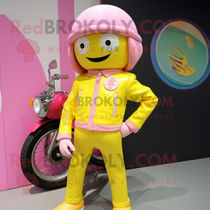 Lemon Yellow Pink mascot costume character dressed with a Moto Jacket and Hat pins