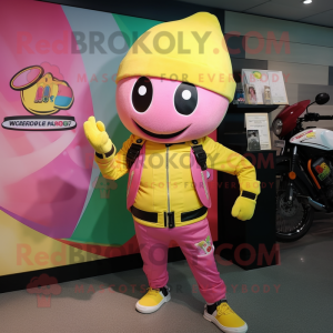 Lemon Yellow Pink mascot costume character dressed with a Moto Jacket and Hat pins