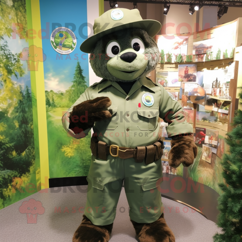 Forest Green Green Beret mascot costume character dressed with a Chambray Shirt and Foot pads