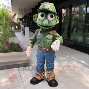 Forest Green Green Beret mascot costume character dressed with a Chambray Shirt and Foot pads