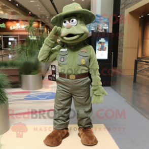 Forest Green Green Beret mascot costume character dressed with a Chambray Shirt and Foot pads