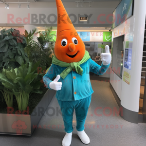 Cyan Carrot mascot costume character dressed with a Flare Jeans and Cufflinks