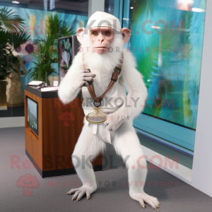 White Capuchin Monkey mascot costume character dressed with a Trousers and Bracelet watches