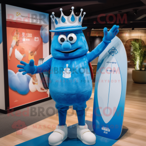 Blue King mascot costume character dressed with a Board Shorts and Berets