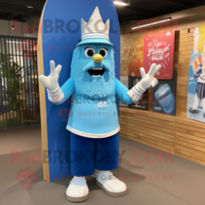 Blue King mascot costume character dressed with a Board Shorts and Berets