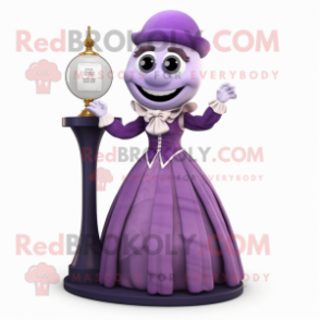 Purple Hourglass mascot costume character dressed with a Ball Gown and Ties