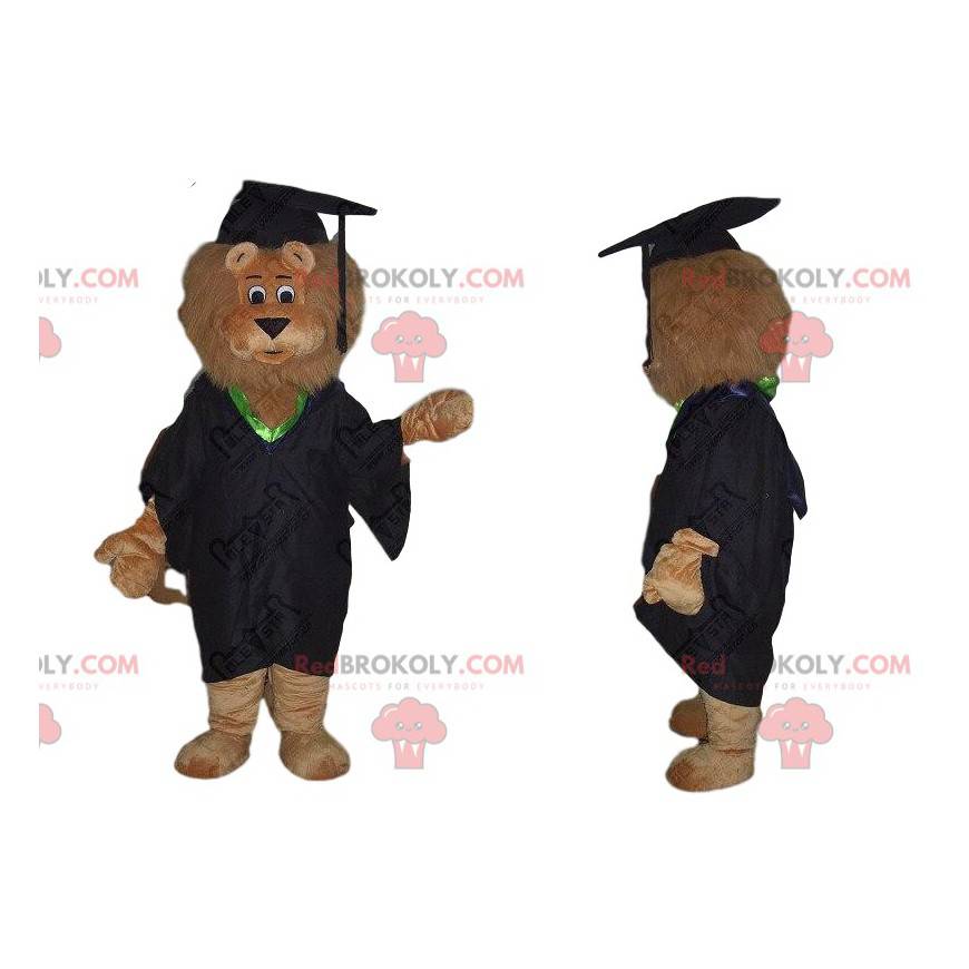 Mascotte de lion marron habillé en jeune diplômé. Costume