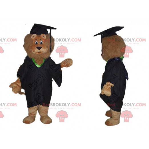 Brown lion mascot dressed as a young graduate. Graduate suit -