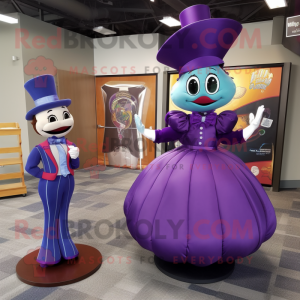 Purple Hourglass mascot costume character dressed with a Ball Gown and Ties