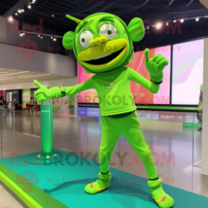 Lime Green Acrobat mascot costume character dressed with a T-Shirt and Anklets