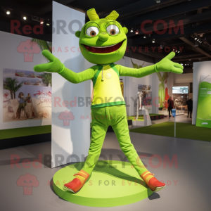 Lime Green Acrobat mascot costume character dressed with a T-Shirt and Anklets