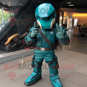 Teal Commando mascot costume character dressed with a Moto Jacket and Cummerbunds