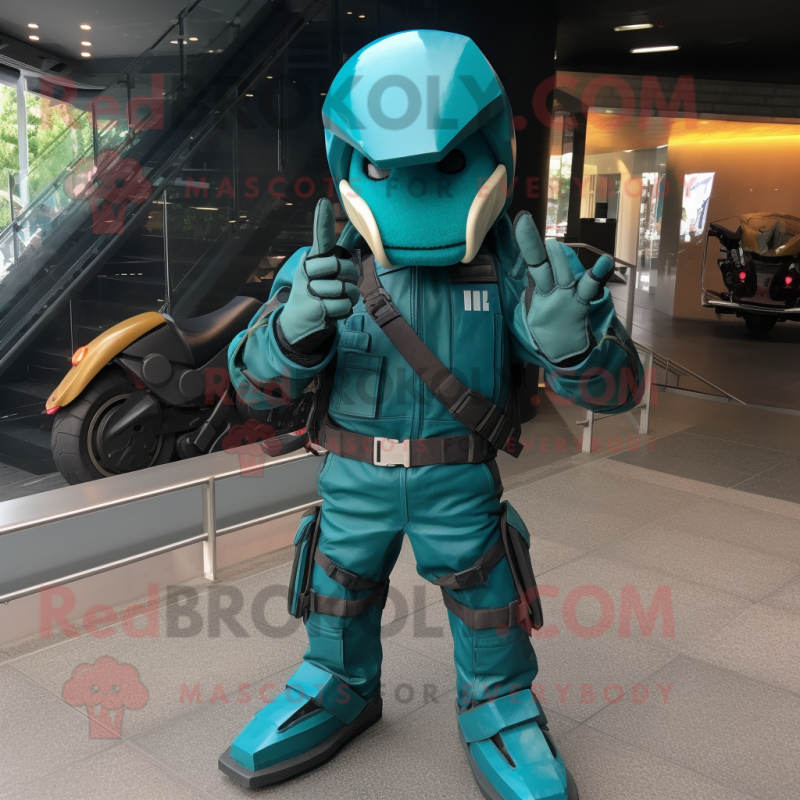 Teal Commando mascot costume character dressed with a Moto Jacket and Cummerbunds Teal Commando mascot costume character dressed with a Moto Jacket and Cummerbunds