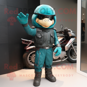 Teal Commando mascot costume character dressed with a Moto Jacket and Cummerbunds