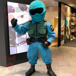 Teal Commando mascot costume character dressed with a Moto Jacket and Cummerbunds