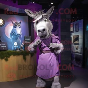 Purple Donkey mascot costume character dressed with a Wrap Dress and Bracelet watches