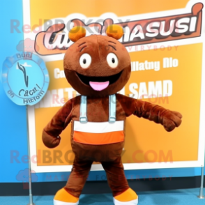 Rust Candy mascot costume character dressed with a Bikini and Suspenders