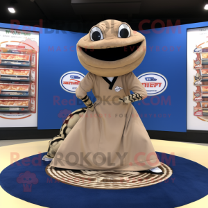 Beige Python mascot costume character dressed with a Circle Skirt and Caps