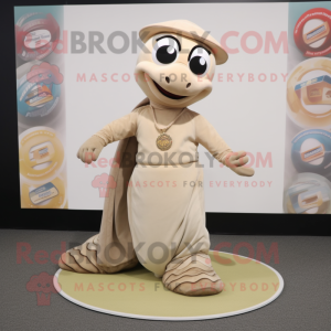 Beige Python mascot costume character dressed with a Circle Skirt and Caps