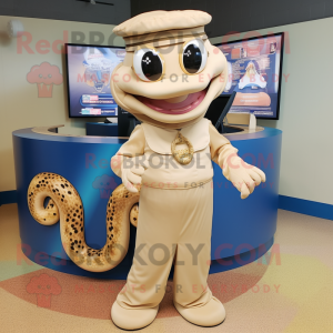 Beige Python mascot costume character dressed with a Circle Skirt and Caps