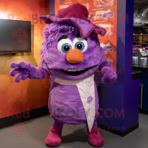 Purple Goulash mascot costume character dressed with a Wrap Skirt and Mittens