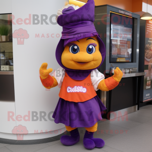Purple Goulash mascot costume character dressed with a Wrap Skirt and Mittens