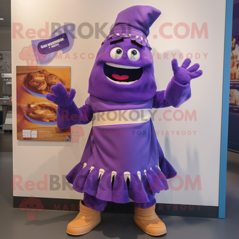 Purple Goulash mascot costume character dressed with a Wrap Skirt and Mittens