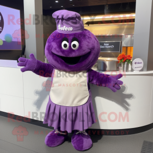 Purple Goulash mascot costume character dressed with a Wrap Skirt and Mittens