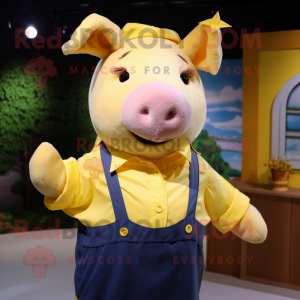 Yellow Sow mascot costume character dressed with a Poplin Shirt and Scarves