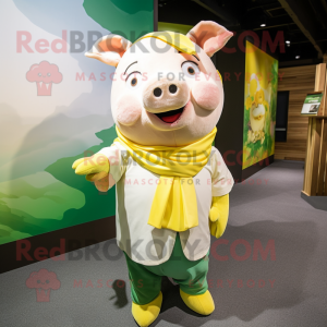 Yellow Sow mascot costume character dressed with a Poplin Shirt and Scarves