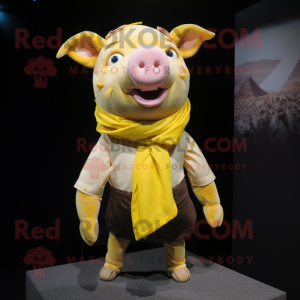 Yellow Sow mascot costume character dressed with a Poplin Shirt and Scarves