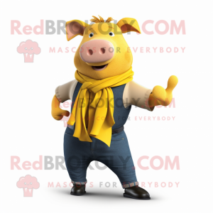 Yellow Sow mascot costume character dressed with a Poplin Shirt and Scarves