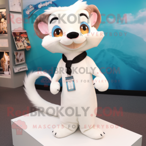 White Weasel mascot costume character dressed with a Blouse and Hair clips