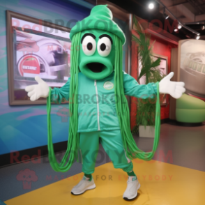 Green Spaghetti mascot costume character dressed with a Windbreaker and Shoe clips