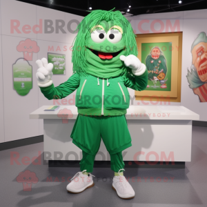Green Spaghetti mascot costume character dressed with a Windbreaker and Shoe clips