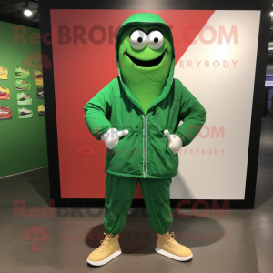 Green Spaghetti mascot costume character dressed with a Windbreaker and Shoe clips
