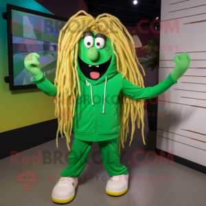 Green Spaghetti mascot costume character dressed with a Windbreaker and Shoe clips