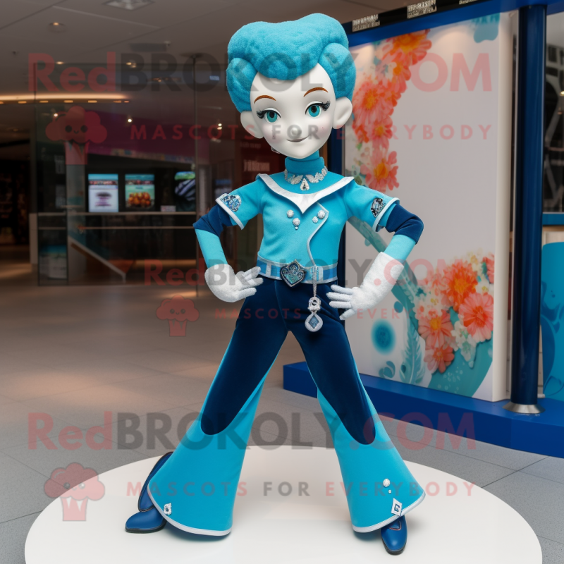 Turquoise Irish Dancer mascot costume character dressed with a Bootcut Jeans and Handbags Turquoise Irish Dancer mascot costume character dressed with a Bootcut Jeans and Handbags