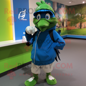 Forest Green Blue Jay mascot costume character dressed with a Hoodie and Cummerbunds