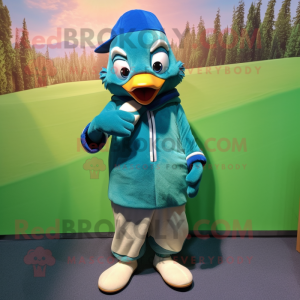 Forest Green Blue Jay mascot costume character dressed with a Hoodie and Cummerbunds