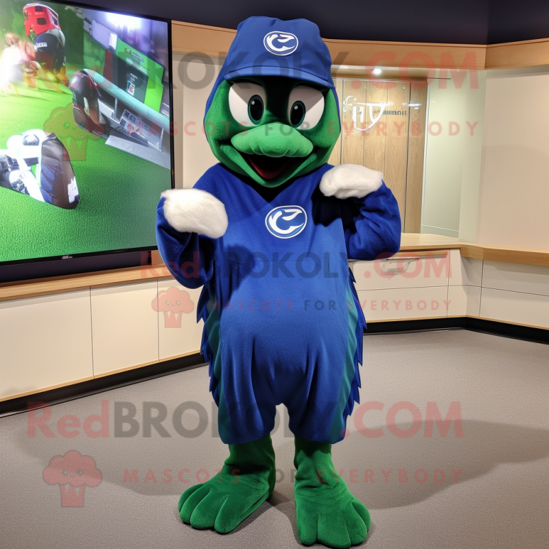 Forest Green Blue Jay mascot costume character dressed with a Hoodie and Cummerbunds